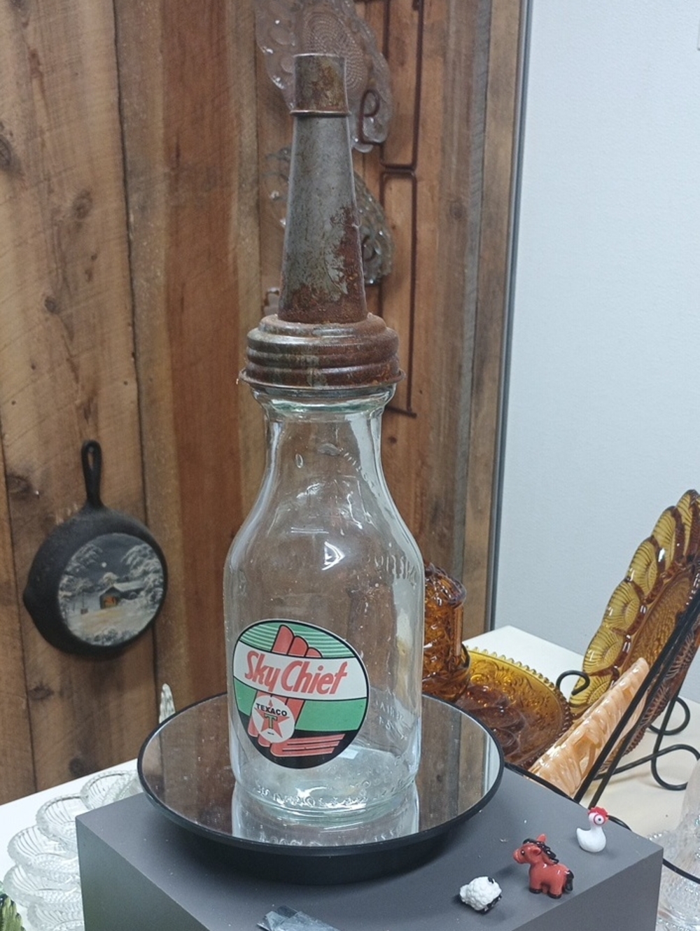 Texaco Sky Chief Antique-Style Clear Glass Quart Oil Bottle w Metal Fill Spout